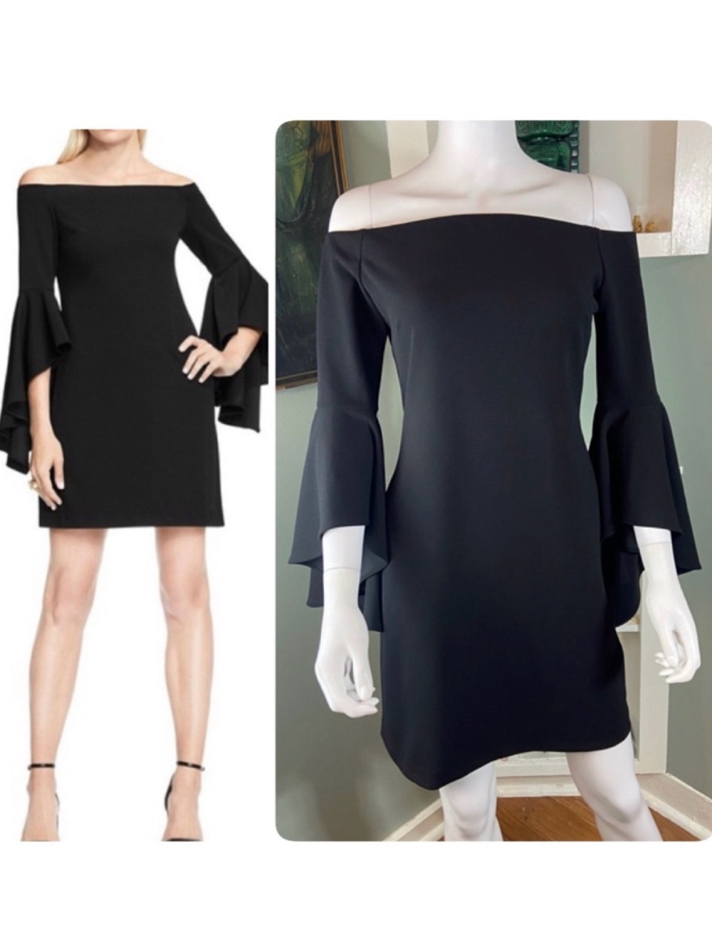 Vince Camuto Black Off-Shoulder Bell Flared Sleeve Mini Dress Bodycon Sheath